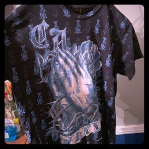 Christian audigier blue T-shirt rhinestone skulls
